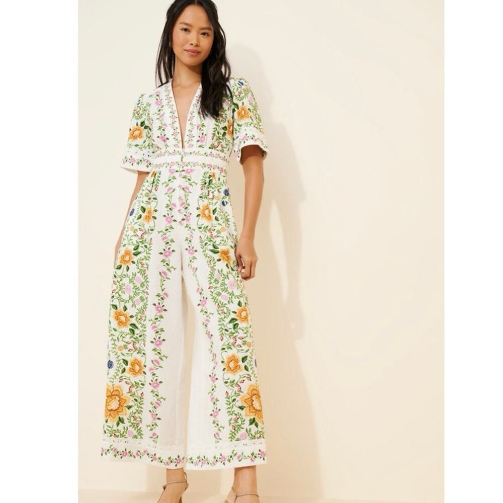 FARM Rio Folk Floral Linen Medium Wide-Leg Jumpsuit